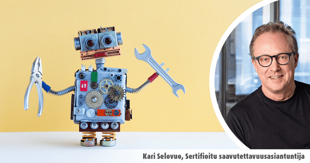 Pieni piirretty robotti ja Kari Selovuo, Corellian saavutettavuusasiantuntija ja kouluttaja.
