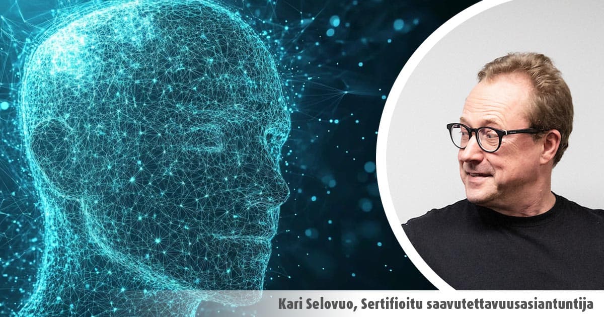 saavultettavuusasiantuntija Kari Selovuo ja kuvan taustana visualisoitu ihmispää kuvastamassa tekoälyä.
