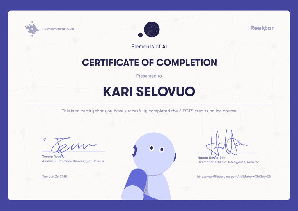 Elements of AI certificate for Kari Selovuo