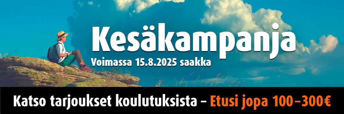 Kesäkampanja – voimassa 15.8.2025 saakka. Katso tarjoukset koulutuksista – Etusi jopa 100–300€